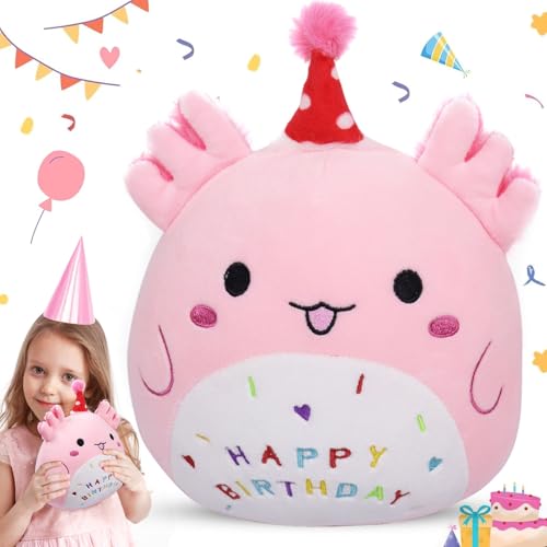 Happy Birthday Plüschtier, 23cm Geburtstag Kuscheltier Plüschtier,Kawaii Axolotl Kuscheltier Stofftier Mädchen,Rosa Salamander Kuscheltier,Axolotl Plüsch Plüschkissen Spielzeug für Mädchen Geburtstag von Giugio