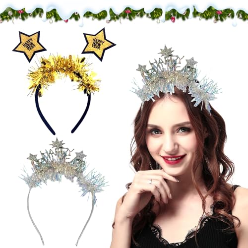 Giugio Happy New Year Haarreifen Kopfschmuck, 2024 Silvester Stirnband, Stirnband Tiara und Silber Strass glitzernd, Silvester Haarreif, Neujahr Kopfschmuck für Kinder Party Zubehör Fotorequisiten von Giugio