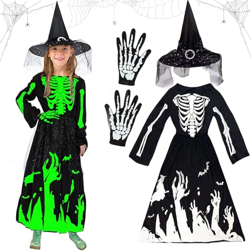 Giugio Hexenkostüm Mädchen, Prinzessin Skelett Kostüm Kinder Mit Handschuhe Und Hexenhut, Vampir Kostüm Kind Für Karnevals Cosplay-M von Giugio