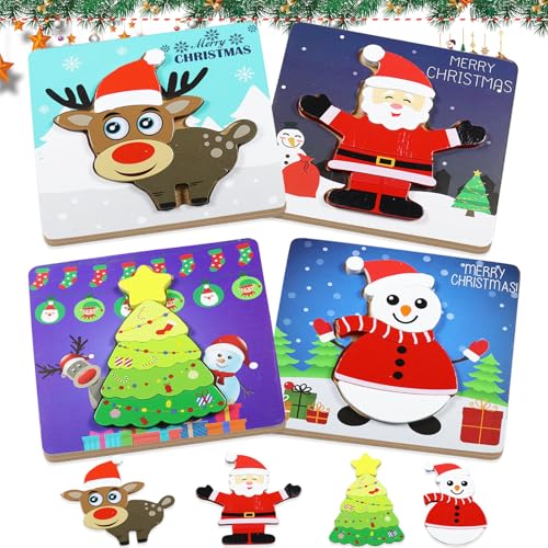 Giugio Holzpuzzle Weihnachten Baby Spielzeug, Weinachts Geschenke Für 1-3+Jahr Kinder, 4 Stück Montessori Holz Puzzle Weihnachtsbaum Santa Schneemann Learning Educational Toys (A) von Giugio