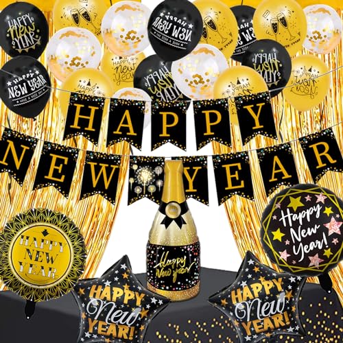 Giugio Silvester Deko 2024 Gold, Neujahr Silvesterdeko Set, Happy New Year Banner, Foil Ballons, Champagnerflasche Folienballon, Schwarz Gold Silvesterpartydeko Accessoire für Silvesterparty (B) von Giugio