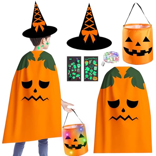 Halloween Kostüm Kinder Kürbis, 5pcs Kürbis Kostüm Kinder, mit Pumpkin Candy Bag und Hut und Nachtlicht Tattoos Aufkleber, Pumpkin Halloween Karnevals Cosplay Party Kleidung für Kinder von 3-10 Jahre von Giugio