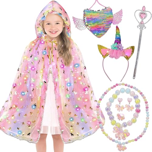Prinzessin Cape Dress up Clothes Set, LED Prinzessin Bunt Cape, Ein Einhorn-Prinzessinnen Umhang mit Leuchteffekt, Geeignet für Mädchen im Alter von 3 bis 8 Jahren, Halloween Karneval Cosplay von Giugio