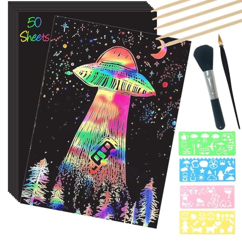 Giwnhvx Kratzpapier-Kunstset- 50 Blatt 8x11 Regenbogenbeschichtetes Kratzbrett, Großes Kratzpapier mit Holzstiften und Schablonen von Giwnhvx
