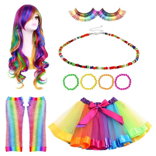 Giwnhvx Regenbogenperücke, Langes Lockiges Tüllrock-Handschuhe-Kleid-Set für Cosplay-Kostüme Tanzkostüme Requisiten-Zubehör Giwnhvx Regenbogenperücke, Langes Lockiges Tüllrock-Handschuhe-Kleid-Set für Cosplay-Kostüme Tanzkostüme Requisiten-Zubehör von Giwnhvx