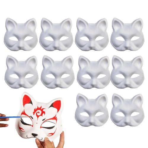 Giwnuq 10 Stück Katzenmasken Zum Bemalen | Tiermaske | Masken Zum Bemalen Kinder | Weiße Halbmasken Für Maskerade | Blanko-Katzenmaske Für Halloween Party Karneval Erstellung von Giwnuq