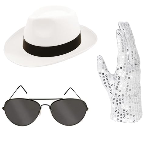 Erwachsenenkostüm-Zubehör, Rocker-Star-Kostüm-Set der 1980er Jahre, inklusive Hut, Schattierungen und Pailletten-Handschuhen für Tanzpartys, Pop-Ikonen-Requisiten, komplettes Set, Weiß von Gizelle