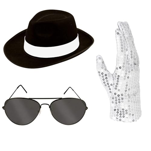 Erwachsenenkostüm-Zubehör, Rocker-Star-Kostüm-Set der 1980er Jahre, inklusive Hut, Schattierungen und Pailletten-Handschuhen für Tanzpartys, Pop-Ikonen-Requisiten, komplettes Set, schwarz von Gizelle