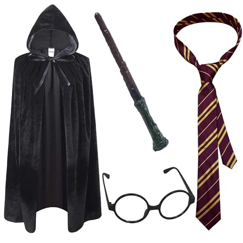 Gizelle 4-teiliges Zauberer-Kostüm für Kinder – Unisex-Kinder-Kostüm-Set mit Krawatte, Brille, Zauberstab, schwarzer Kapuzenumhang, ideal für Halloween-Kostüme des Weltbuchtags von Gizelle