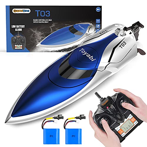 GizmoVine Ferngesteuertes Boot, Schnelle Geschwindigkeit RC Boot, 25KM / H 2.4 GHZ Rennboote mit 2 wiederaufladbaren Batterien LCD Alarm bei schwacher Batterie für Jungen Mädchen Erwachsene (Blau) von GizmoVine