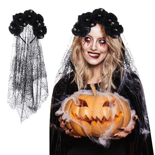 Halloween Rose Kopfschmuck Blume Stirnband Tag der Toten Haarschmuck Gothic Schleier Cosplay Kostüm Accessoire für Halloween Festival Party Kostümparty HS Halloween Rose Kopfschmuck Blume Stirnband Tag der Toten Haarschmuck Gothic Schleier Cosplay Kostüm Accessoire für Halloween Festival Party Kostümparty HS von Gkaopi