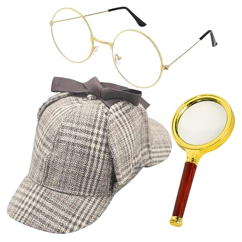 GkgWuxf Detektiv Kostümzubehör Set - Detektiv Cosplay Zubehör | Cosplay Kostüm Accessoires, Hut Brille Lupe für Damen Herren Mädchen Halloween Party Bühnenauftritt von GkgWuxf