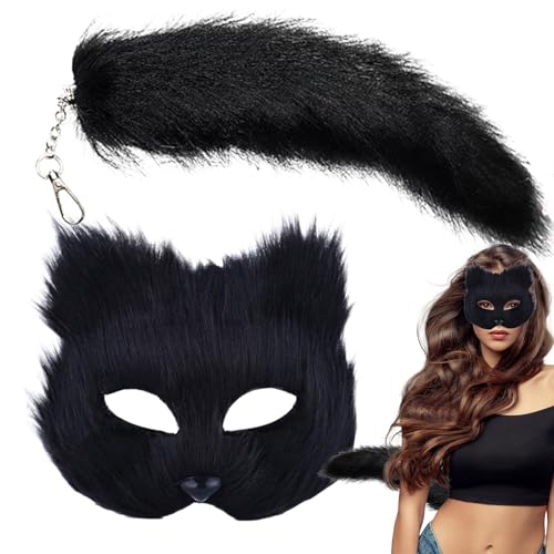 GkgWuxf Tier-Cosplay-Maskerade, Tier-Maskerade und Schwanz-Set | Mädchenkostüm-Set für Tier-Cosplay,Halbpelzige Tier-Gesichtsbedeckung für Versammlungspartys von GkgWuxf