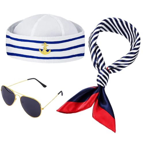 Glamifyr 3 Stück Matrosenmütze Kapitän Matrosen Kostüm Set,Schal Blau Weiß Gestreift Seemannsmütze Und Roter Rand Blauer Quadratischer Schal Sonnenbrille Matrosenmütze Herren matrose Verkleidung Glamifyr 3 Stück Matrosenmütze Kapitän Matrosen Kostüm Set,Schal Blau Weiß Gestreift Seemannsmütze Und Roter Rand Blauer Quadratischer Schal Sonnenbrille Matrosenmütze Herren matrose Verkleidung von Glamifyr