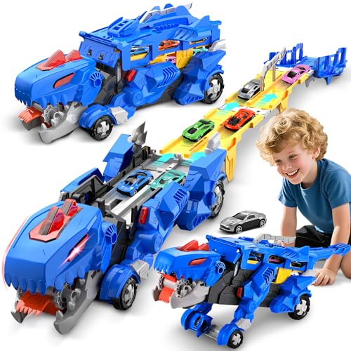 Dinosaurier Transport Truck Spielzeugautos für Jungen im Alter von 3, 4,5,6Jahren, Transporter Zum Schlucken mit 114cm Faltbarer Rennstrecke und 6 Mini Auto, Fahrzeug Sets Geschenk für Jungen Mädchen von Glanzik