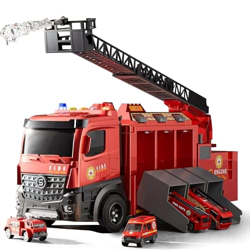 Glanzik Großer Feuerwehr Truck Spielzeug, Rettungsfahrzeug Set mit 6 Mini Autos, Feuerwehrauto Autotransporter Spielzeug für Kinder ab 3 Jahren – Ideale Kindergeburtstags (Rot) von Glanzik