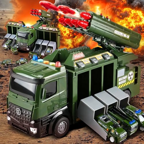 Glanzik Militär-Spielzeug Battle Armee-Autos, 12,8" Druckguss-Militär-LKW-Spielzeugset mit 8 Raketen, Legierung Militär-LKW-Spielautos, Interaktives Spielzeug mit Lichtern & Geräuschen für Kinder ab 3 von Glanzik