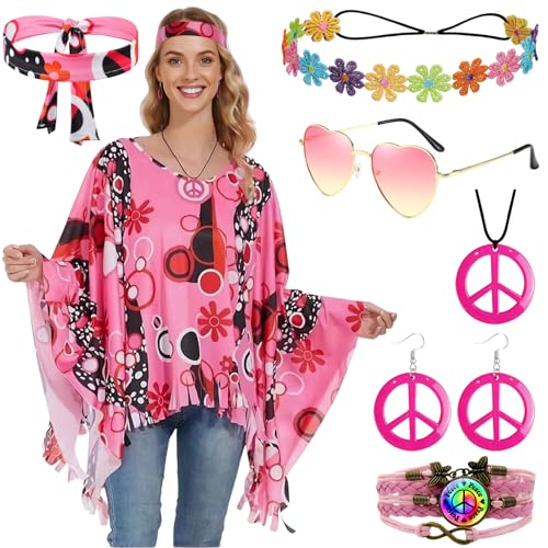 Glazeal 7-teiliges Hippie-Kostüm für Damen im 60er- und 70er-Jahre-Stil, Fransen-Poncho, Stirnbänder, Sonnenbrille, Halskette, Ohrringe und Armband, 001 Pink, 7 Stück, Einheitsgröße Glazeal 7-teiliges Hippie-Kostüm für Damen im 60er- und 70er-Jahre-Stil, Fransen-Poncho, Stirnbänder, Sonnenbrille, Halskette, Ohrringe und Armband, 001 Pink, 7 Stück, Einheitsgröße von Glazeal