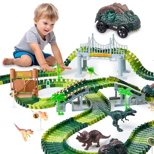 Gleamkid Dinosaurier Spielzeuge Autorennbahn Rennstrecke, Flexible Autorennbahn Bahngleise Spielset, Dino Cars Spielzeug，Autorennbahn Spielset mit viele Teilen,Geschenk für Kinder von Gleamkid