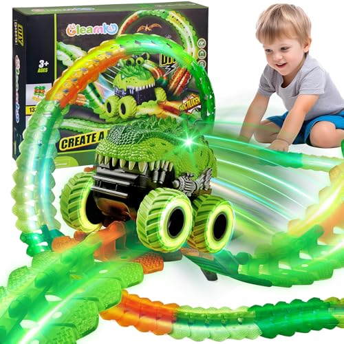 GleamKid Spielzeug ab 3 Jahre Autorennbahn Auto Set,Dinosaurier Auto Spielzeuge,Leucht Flexible Autorennbahn Rennbahn Kinder Spielzeug,Geschenk für Kinder ab 3 4 5 6 7 8 Jahre Jungen Mädche von Gleamkid