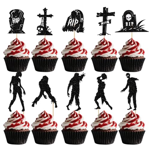 Gleemix 10 Stück Grabstein Zombies Halloween Cupcake Toppers, Schwarz Halloween Kuchen Deko, Horror Tortendeko für Happy Hallooween Party Gleemix 10 Stück Grabstein Zombies Halloween Cupcake Toppers, Schwarz Halloween Kuchen Deko, Horror Tortendeko für Happy Hallooween Party von Gleemix