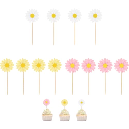 Gleemix 12 Stück Gänseblümchen Tortendeko, Mehrfarbig Blumen Cupcake Topper, Torten Deko Blumen für Happy Birthday Partydeko Hochzeitstorte (Rosa+Weiß+Gelb) von Gleemix