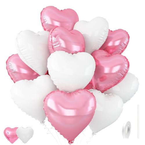 Gleemix 12 Stück Rosa Weiß Herzballons, 18 Zoll Herz Folienballon, Folien Herzform Helium Luftballons, Herzluftballons Geeignet für Verlobung Heiratsantrag Deko Hochzeit Valentinstag Geburtstagsdeko von Gleemix