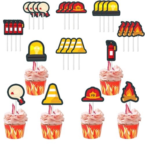 Gleemix 24 Stück Feuerwehr Tortendeko,Feuerwehr Cupcake Topper, Deko Feuerwehr Geburtstag, Kuchendekoration auf Stäbchen für Kindergeburtstag, Partydekoration von Gleemix