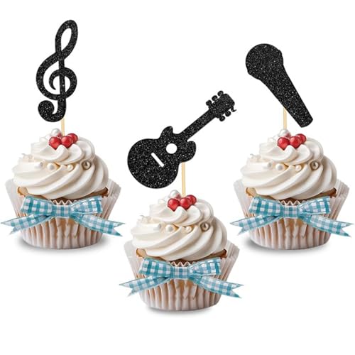 Gleemix 24 Stück Musik Cupcake Topper Doppelseitige Glitzer, Schwarz Musikinstrument Cupcake Topper, Gitarre Mikrofon Noten Kuchen Deko für Rock Musik Konzert, Baby Shower, Hochzeit Geburtstag Torten von Gleemix