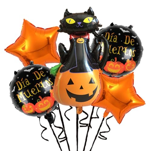 Gleemix 5 Stück Halloween Deko Luftballons, XXL Halloween Kürbis Luftballons, HappyHalloween Ballons, Schwarz Orange Folienballon Kürbis Katze für HalloweenParty Restaurant Club Bar Maskeraden Deko von Gleemix
