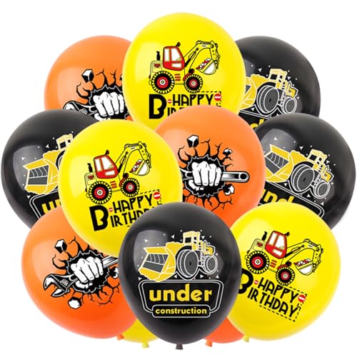 Gleemix 18 Stück Bagger Luftballon,12 Zoll Traktor luftballon, Luftballons baustelle, Kinder Helium Ballons Gelb Orange Schwarz, für Baustellen Deko Kindergeburtstag von Gleemix