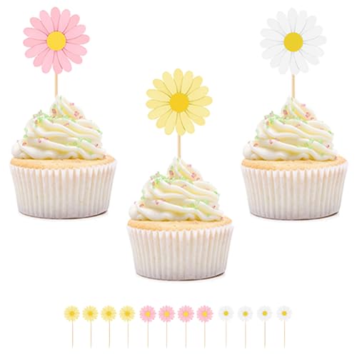 Gleemix Gänseblümchen Tortendeko 12 Stück, Mehrfarbig Blumen Cupcake Topper, Torten Deko Blumen für Happy Birthday Partydeko Hochzeitstorte (Rosa+Weiß+Gelb) von Gleemix