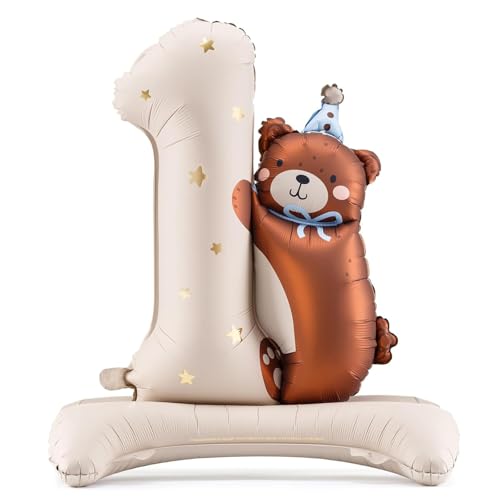 Gleemix Luftballon Geburtstag 1, Bär Folienballon XXL, Creme Teddybär mit Standfuß selbststehend Luftballon, für 1. geburtstag junge, Kindergeburtstag, 97x75cm von Gleemix