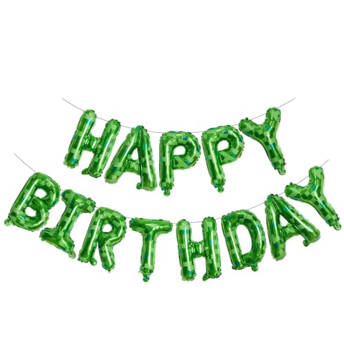 Gleemix Pixel Happy Birthday Ballon Girlande, 16 Zoll Happy Birthday Luftballons Grün, Gaming Deko Folienballon Girlande für Geburtstag Party Deko von Gleemix