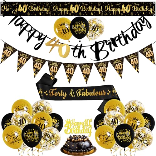40. Geburtstag Dekorationen Männer Frauen - Schwarz Gold 40. Geburtstag Ballons Konfetti Luftballons, Happy Birthday Girlande Banner, Tortendeko, Geburtstag Schärpe von Gleeve