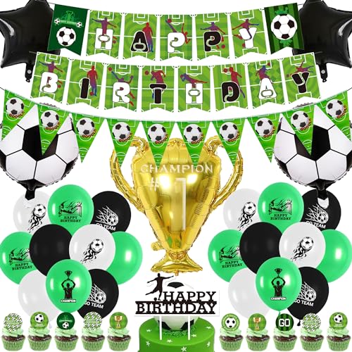 Gleeve Fussball Deko Geburtstag Kinder - FußBall Geburtstagsdeko für Jungen FußBall Luftballon Kindergeburtstag Tortendeko Cupcake Topper FußBall Party Dekorationen Mit Happy Birthday Banner von Gleeve