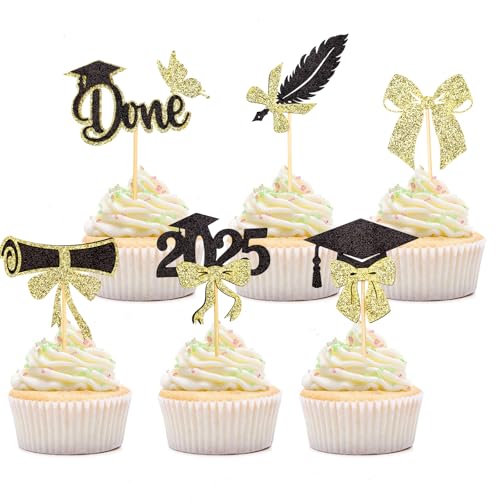 Gleevio Abschluss Cupcake Topper,Graduation Cake Topper,24 Stück Glitzer ABI 2025 Tortendeko Abschluss,Grade Cap Kuchendeko Schwarz Gold,Graduation Muffin Deko für Abitur 2025,Prüfung Bestanden von Gleevio