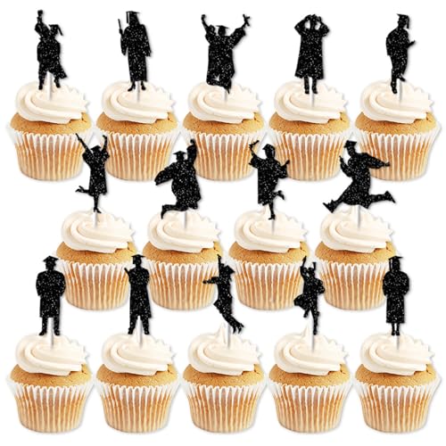 Gleevio Cupcake Topper Abschluss Tortendeko, Graduation Deko Torten Schwarz, 28 Stück Glitzer Congratulations Cake Topper, Kuchen Deko Abschluss, You Did It Muffin Deko Abitur 2025 Prüfung Bestanden von Gleevio
