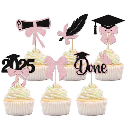 Gleevio Abschluss Tortendeko Graduation Cupcake Topper,24 Stück Glitzer Grade Cap Kuchendeko,ABI 2025 Tortendeko Abschlussfeier,Graduation Muffin Deko für Abitur 2025,Prüfung Bestanden,Schwarz Rosa von Gleevio