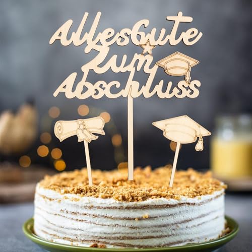 Gleevio Alles Gute zum Abschluss Tortendeko Holz, 3 Stück Graduation Cake Topper 2025 Abschluss Deko Torten, Graduation Hat Cupcake Topper, Tortendeko Abitur 2025, Kuchen Deko für Abschlussfeier von Gleevio