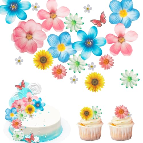 Gleevio Tortendeko Blumen Essbar,55 Stück Essbare Blumen für Torte,Essbare Blüten Cupcake Topper Schmetterlinge Esspapier Blüten Kuchen Deko Hochzeit,Gänseblümchen Deko Torte für Geburtstag BabyParty von Gleevio
