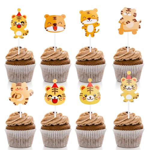 Gleevio 40 Stück Tiger Tortendeko Tiere, Dschungel Deko Geburtstag Kuchendeko Junge, Tiger Cupcake Topper, Safari Tortendeko Kinder, Waldtiere Muffin Deko Kindergeburtstag Party Animals Supplies von Gleevio