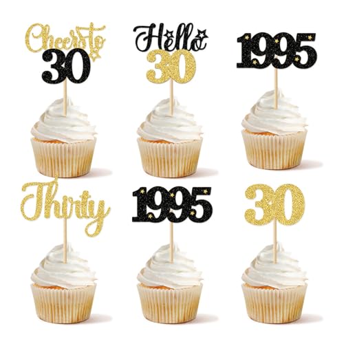 Gleevio Glitzer Cupcake Deko 30 Geburtstag,Tortendeko 30 Geburtstag Männer Frauen,20 Stück Muffin Deko 30Geburtstag,Hello 30 Kuchendeko 1995 Geburtstagdeko,Thirty Cupcake Topper Schwarz Gold von Gleevio