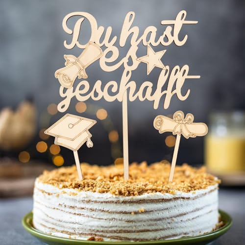 Gleevio Du Hast es Geschafft Cake Topper Holz,3 Stück Abschluss Tortendeko Graduation Deko Torten,Graduation Hat Cupcake Topper,Tortendeko Abitur 2025,Congratulations Cake Topper für Abschlussfeier von Gleevio
