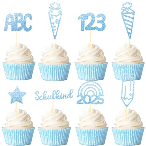 Gleevio Schulkind Tortendeko Einschulung Junge,24 Stk Glitzer Cupcake Topper Einschulung Deko Torten,Kuchendeko Schulanfang Balu,Zuckertüte Tortendeko Schulkind 2025 Junge Muffin Deko ABC 123 von Gleevio