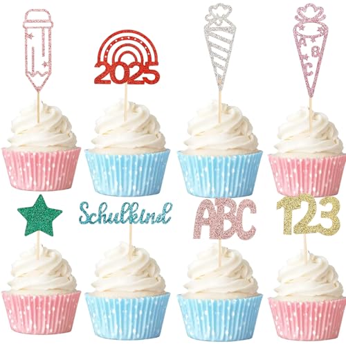 Gleevio Schulkind 2025 Tortendeko Einschulung Cupcake Topper,24Stk Glitzer Einschulung Deko Torten,Bunt Kuchendeko Schulanfang,Tortendeko Schulkind 2025 Junge Mädchen,Schulanfang Muffin Deko Schultüte von Gleevio