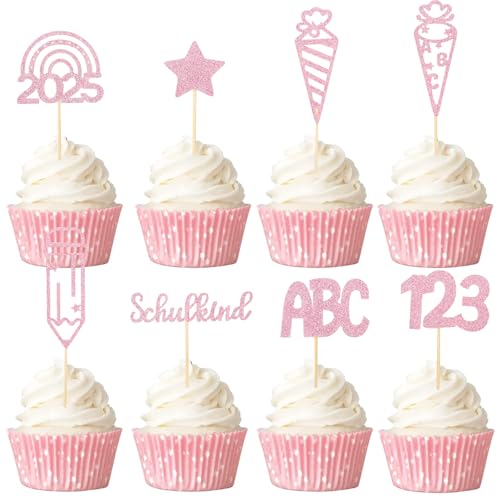 Gleevio Cupcake Topper Schulkind 2025 Mädchen,24 Stk Tortendeko Einschulung Deko Torten Rosa,Schulkind Muffin Deko,Schulanfang Kuchen Deko Einschulung mit ABC 123 Zuckertüte für Schuleinführung von Gleevio