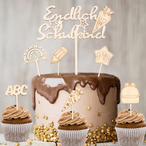 Gleevio Tortendeko Einschulung aus Holz, 7 Stück Endlich Schulkind Cake Topper Einschulung Deko Torte, 2025 Schulkind Tortendeko, Kuchendeko Schulanfang, Zuckertüte ABC 123 Kuchen Deko Mädchen Junge von Gleevio