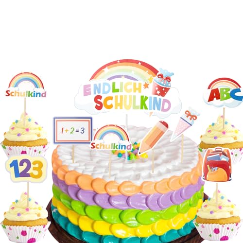 Gleevio Endlich Schulkind Tortendeko Einschulung Junge Mädchen,15 Stk Cupcake Topper Einschulung,Bunt Kuchendeko Schulanfang,2025 Schulkind Deko Torten für Schuleinführung Deko Einschulungsfeier von Gleevio