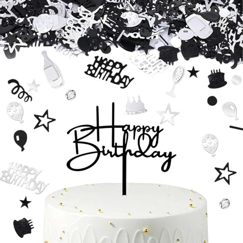 Gleevio Schwarz Happy Birthday Tortendeko, Geburtstag Deko mit 1stk Happy Birthday Deko Torten und 15g Konfetti, Tortendeko Geburtstag Tischdeko für Mädchen Jungen Frauen Mann, Geburtstagstorte Deko von Gleevio